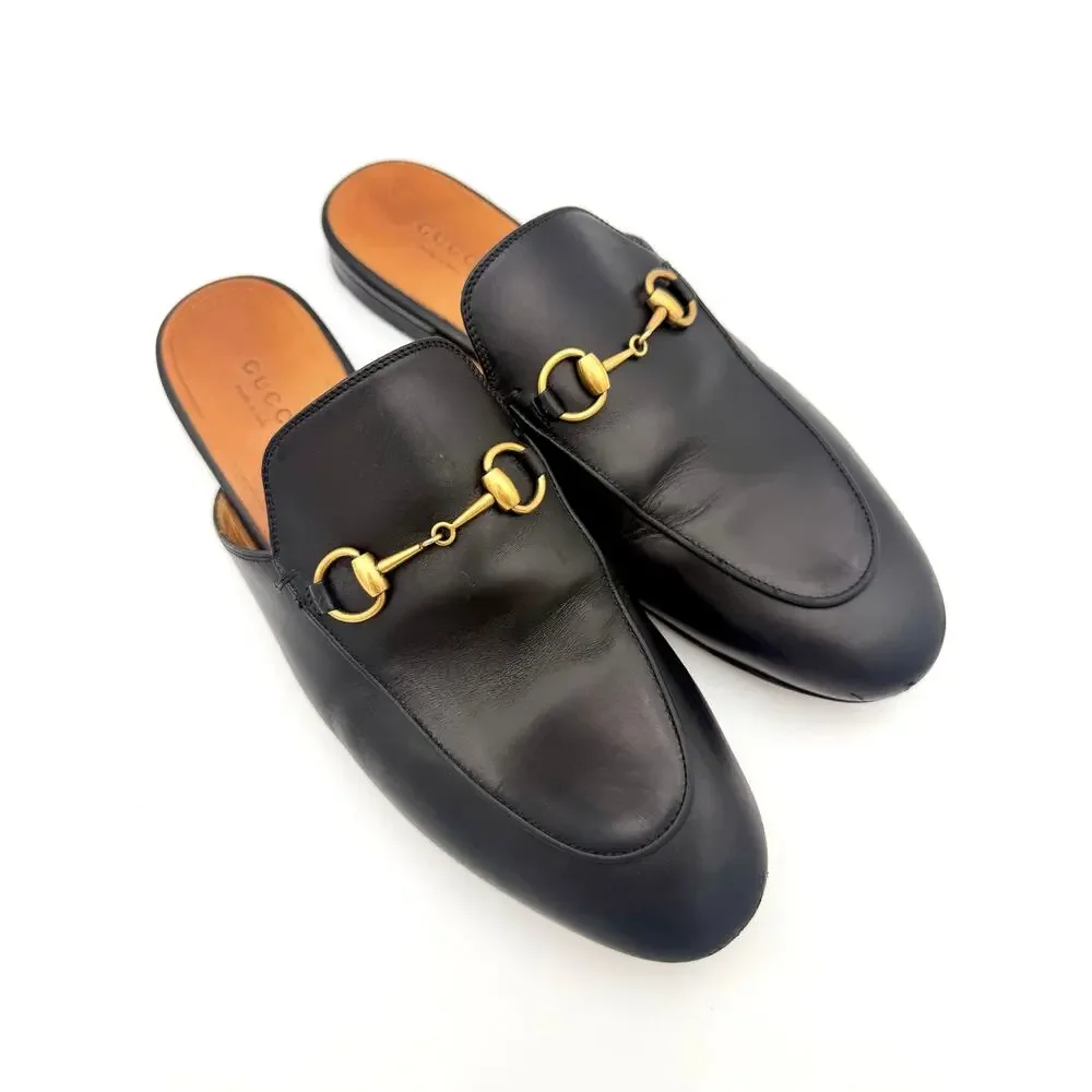 Authentic Gucci Princetown Horsebit Loafers Mules Black Leather Size 38.5 / 8.5
